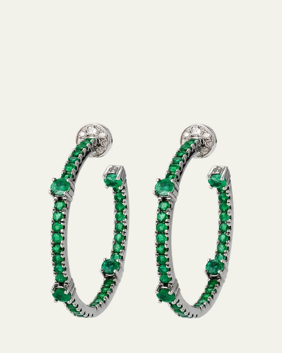 18K White Gold Hoop Earrings with Diamonds and Emeralds